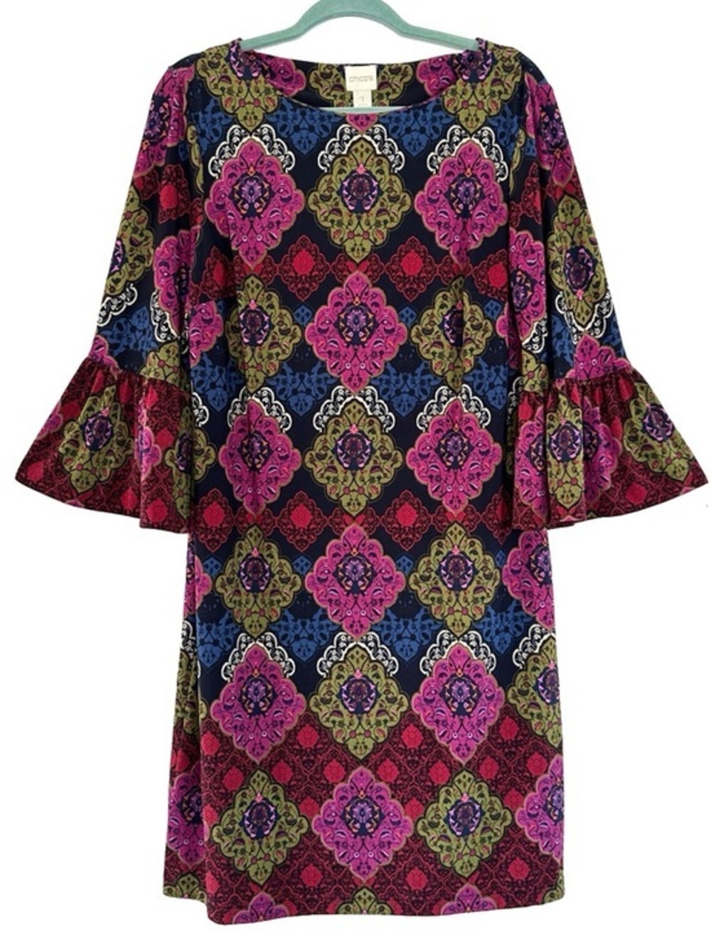 Chico’s Colorful Medallion Geo Midi Dress Bell Sleeves Boho Artsy Office Chic M